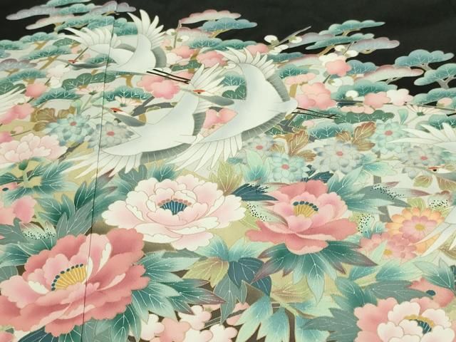 平和屋着物□豪華黒留袖 友禅 作家物 飛鶴花文 松竹梅 金彩 正絹 逸品