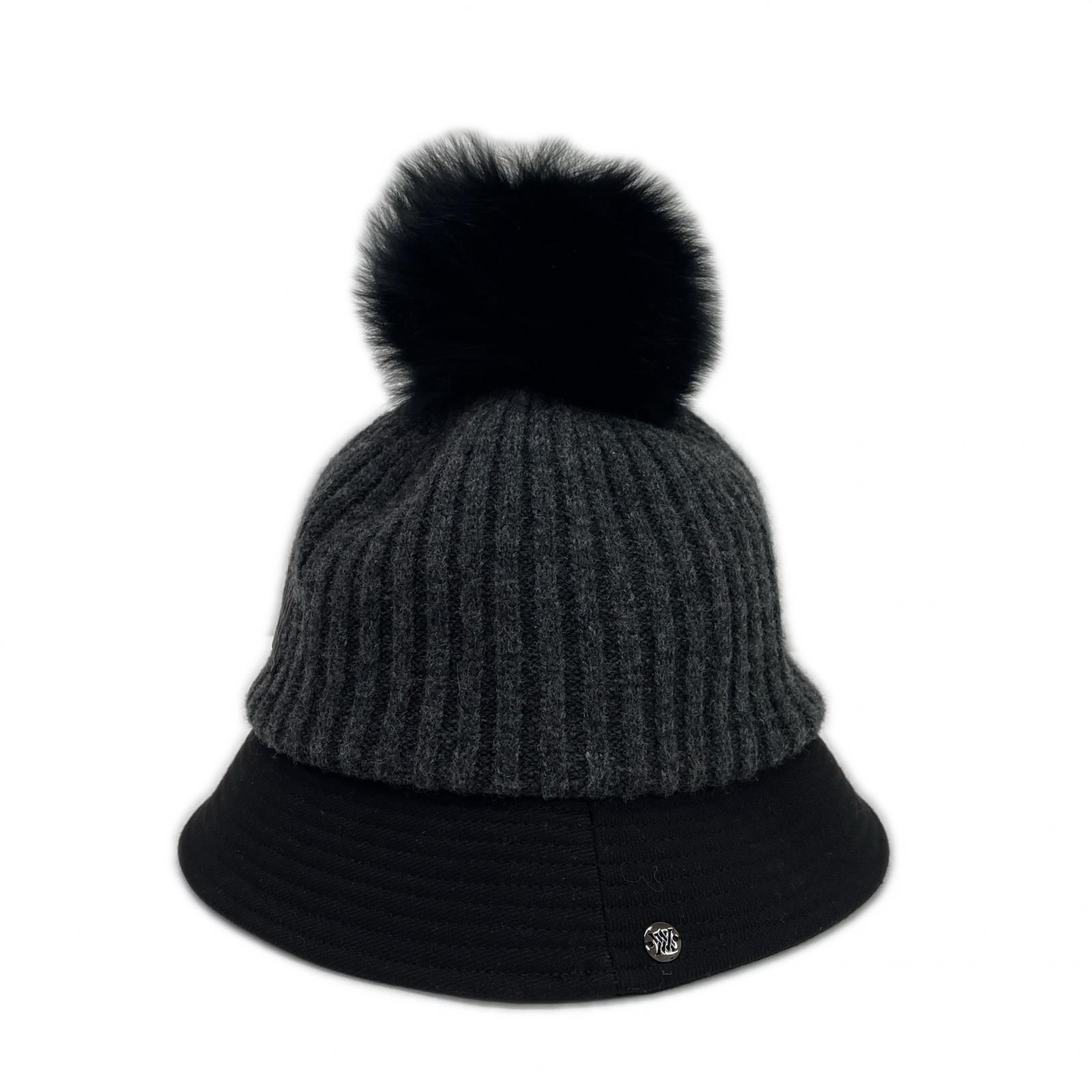 ハット フリー S M 黒 グレー アニューゴルフ A GOLF ファーポンポン ロゴワッペン