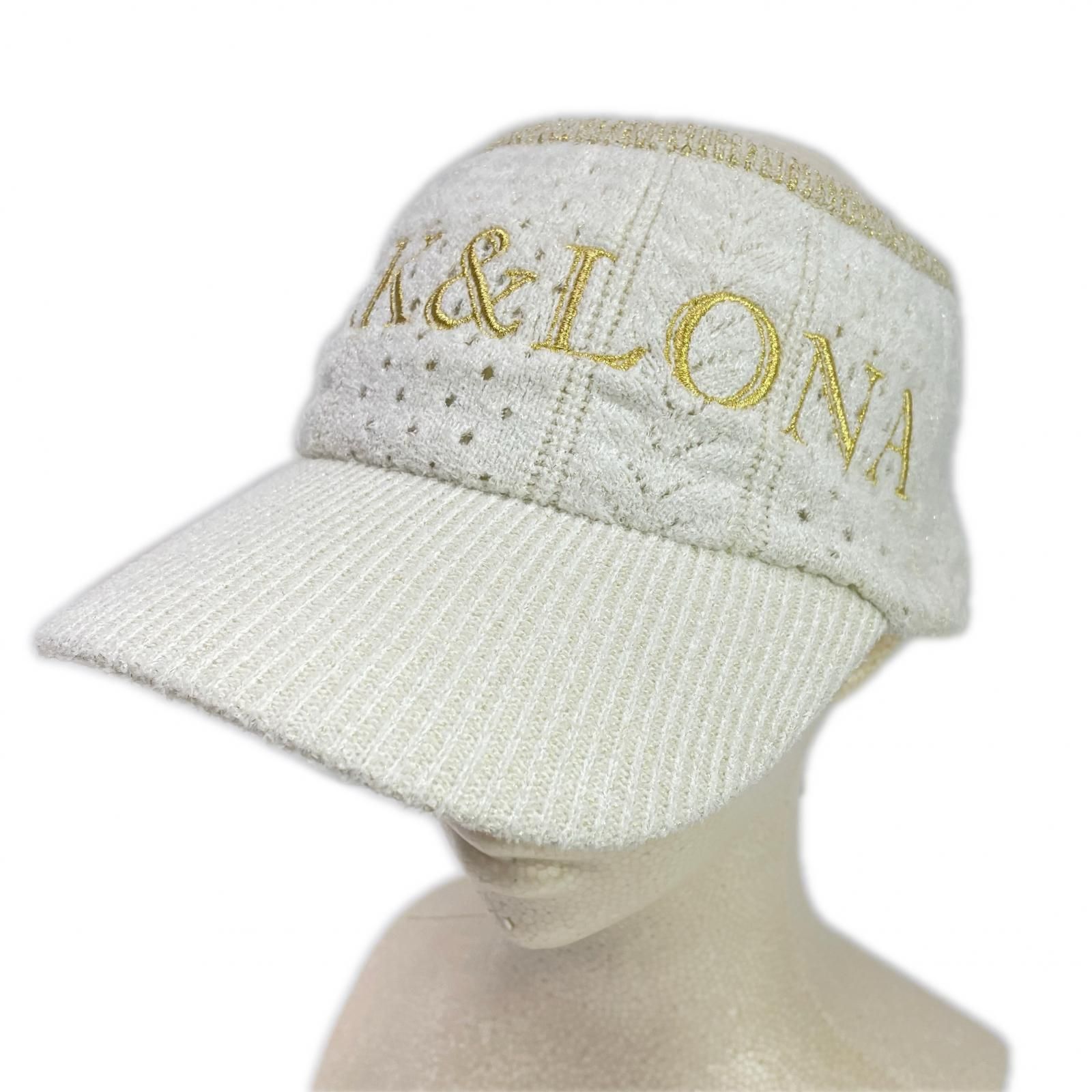 マークアンドロナ MARK-LONA サンバイザー フリー 白×金 ニット 金糸ロゴ刺しゅう ラメ ビジュー