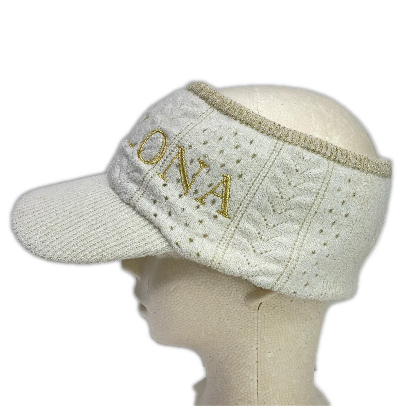 マークアンドロナ MARK-LONA サンバイザー フリー 白×金 ニット 金糸ロゴ刺しゅう ラメ ビジュー