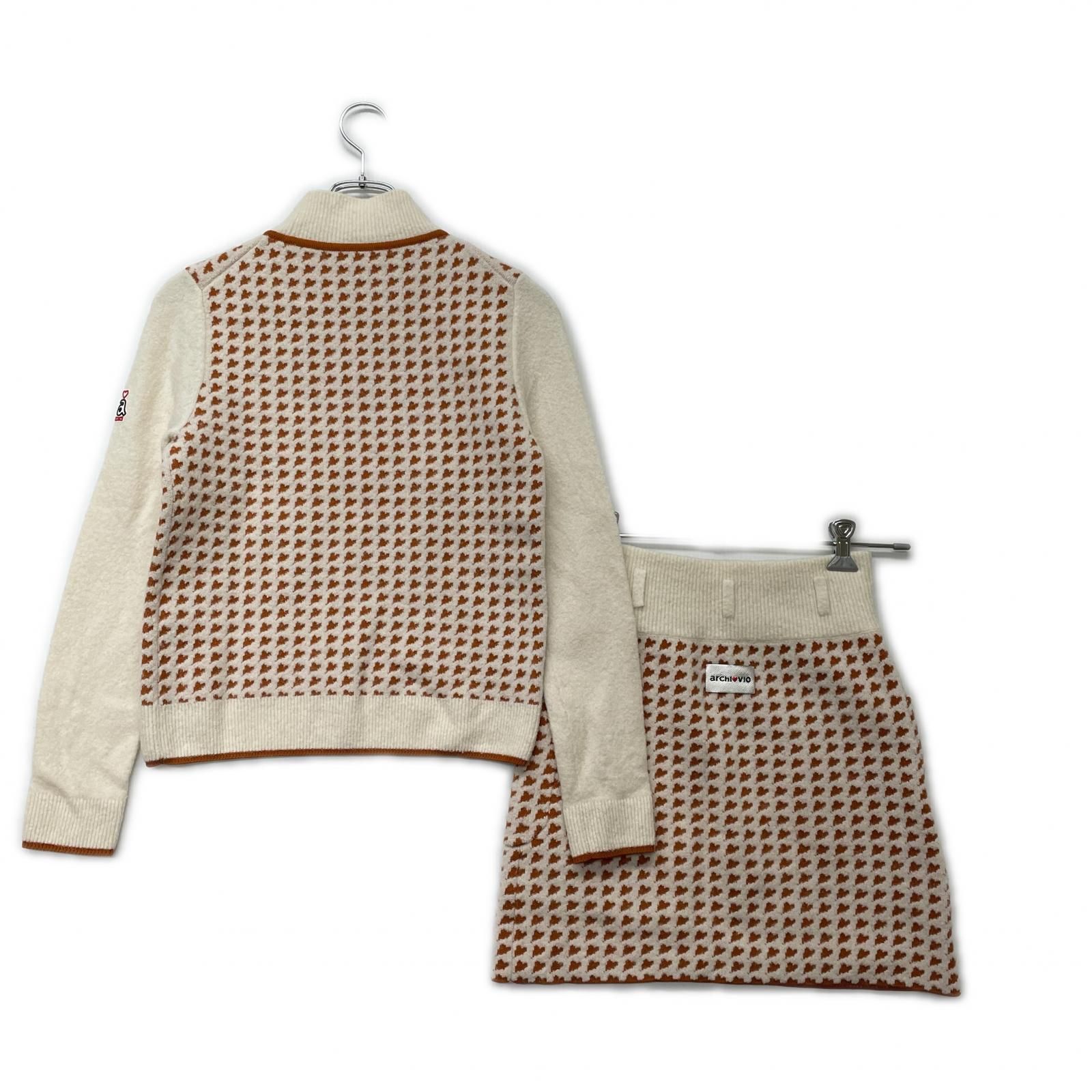 レディース アルチビオ archivio セットアップ 36 S 白×茶 ホワイト×ブラウン ニット 長袖ハイネック×スカート ハート柄