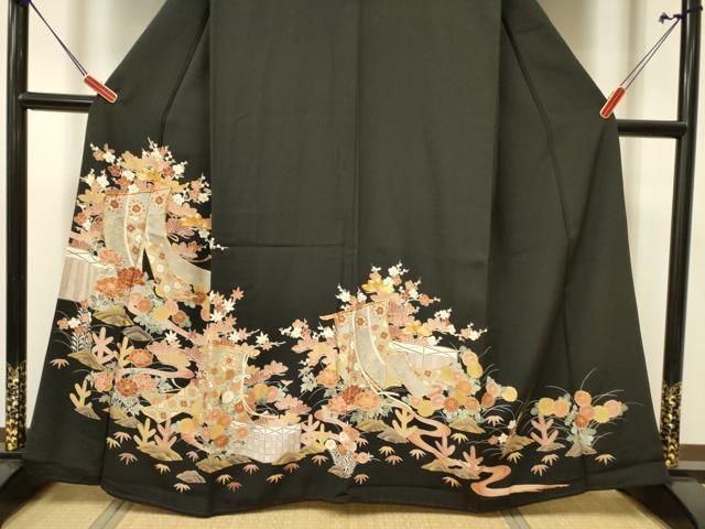 平和屋着物□豪華黒留袖 駒刺繍 几帳風景花文 金彩 正絹 逸品