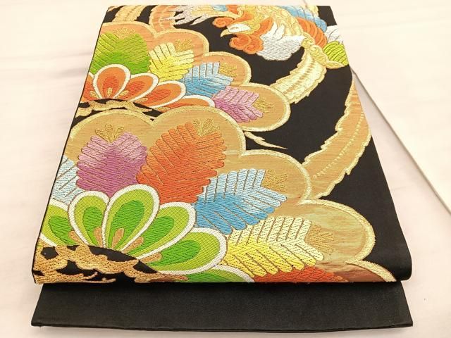 平和屋着物◎六通柄袋帯 唐織 鳳凰松文 黒地 金銀糸 正絹 逸品
