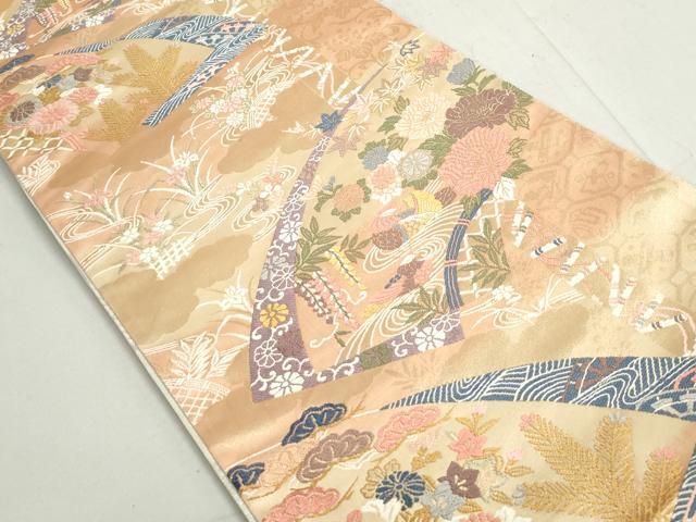平和屋着物◎両面 六通柄袋帯 唐織 鴛鴦花文 金糸 正絹 逸品