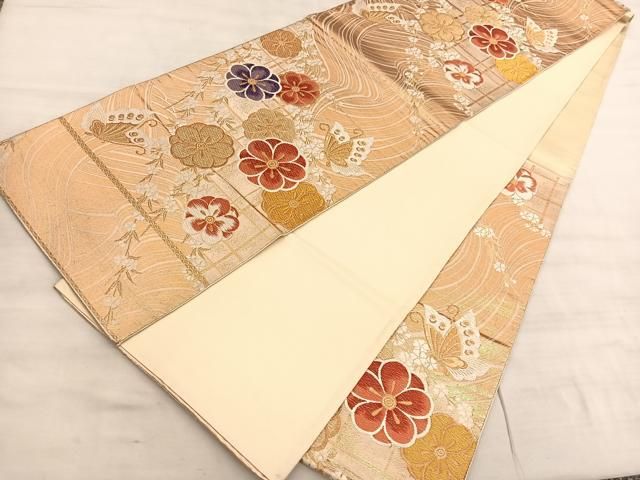 平和屋着物◎六通柄袋帯 唐織 花蝶文 金糸 正絹 逸品 BAAV5736hv