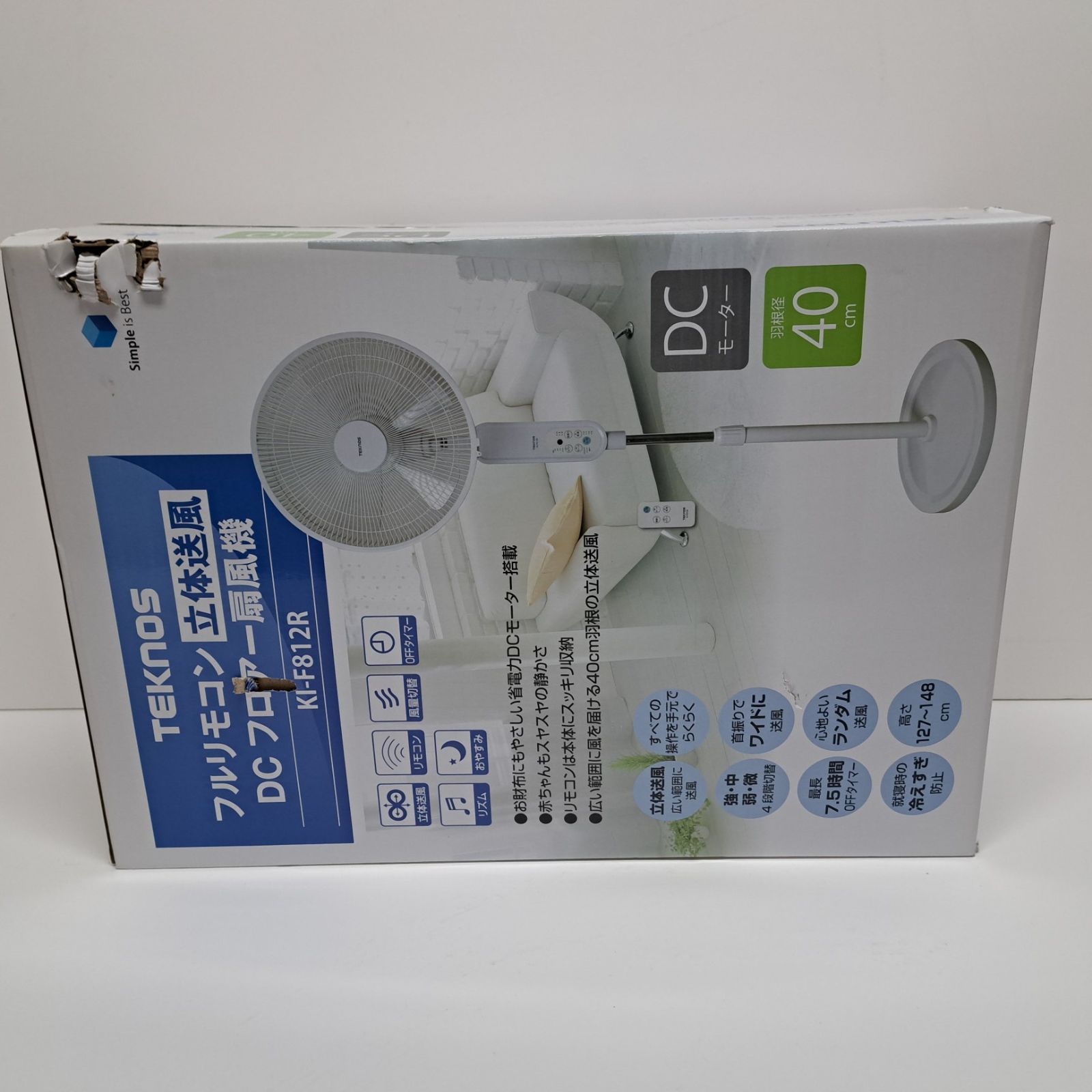 未開封 TEKNOSテクノス KI-F812R ホワイト フルリモコン立体送風DCフロアー扇風機 省電力ＤＣモーター ４０cm羽根 ワイド送風 心地よいランダム送風 最長7.5時間ｏｆｆタイマーでんきち 家電量販店