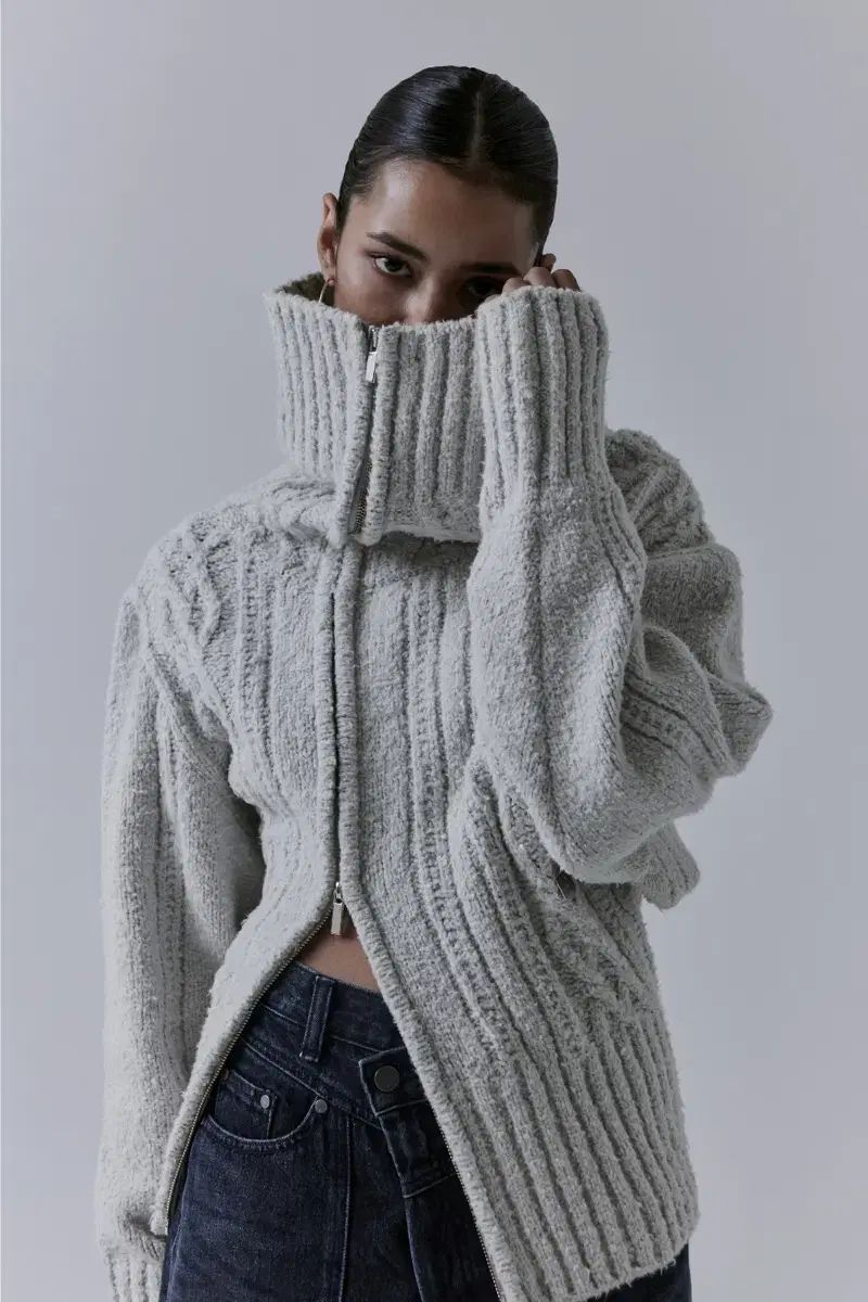 トリミングバード ツーウェイ アシンメトリー オフショルダー ジップアップ ニット グレー