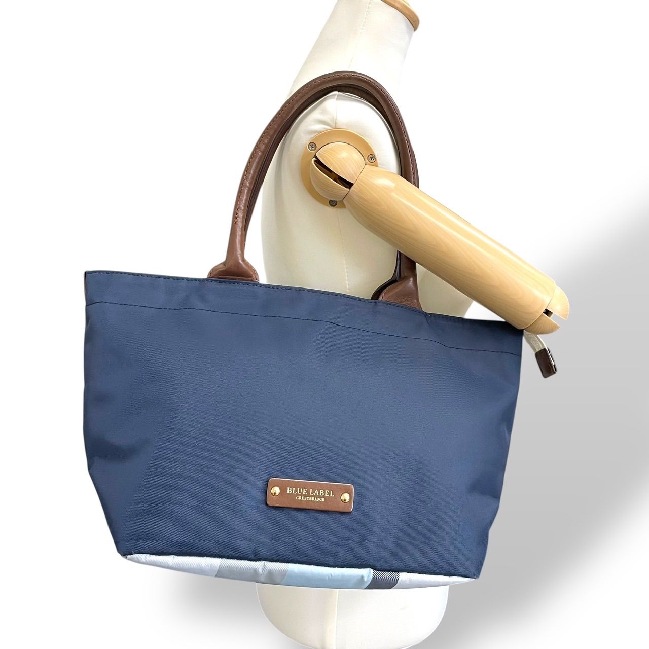 A4収納可 BLUE LABEL CRESTBRIDGE ブルーレーベルクレストブリッジ トートバッグ パーシャルクラストブリッジチェック レザー ナイロン ネイビー 紺 ブラウン 茶