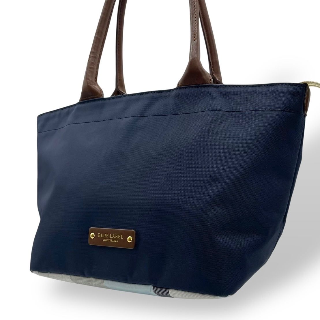 A4収納可 BLUE LABEL CRESTBRIDGE ブルーレーベルクレストブリッジ トートバッグ パーシャルクラストブリッジチェック レザー ナイロン ネイビー 紺 ブラウン 茶