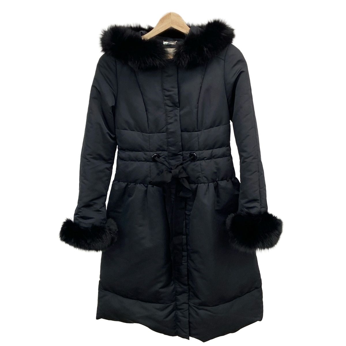 ハロッズHarrodsフォックスファー付ダウンコート黒Sサイズ 新品*イタリア*De Rosso* フォックスファー 羽毛90% ダウンコート 黒