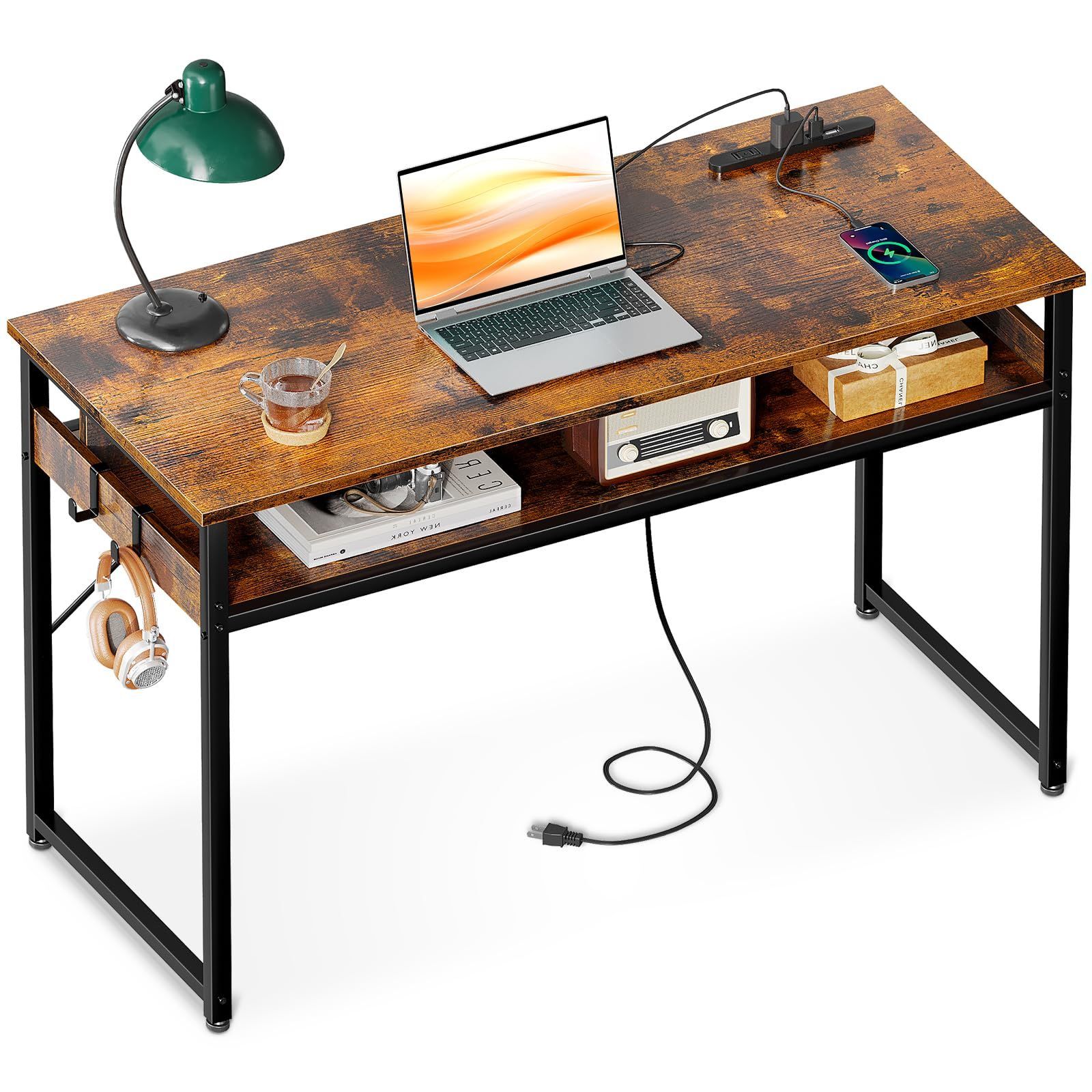 セール ODK 机 pcデスク パソコンデスク 幅100cm ゲーミングデスク 収納付き コンセント付き 勉強机 computer desk ?子 ワークデスク ??? フック2個付き コンパクト テレワーク用 省スペース 組立簡単 ビンテージ