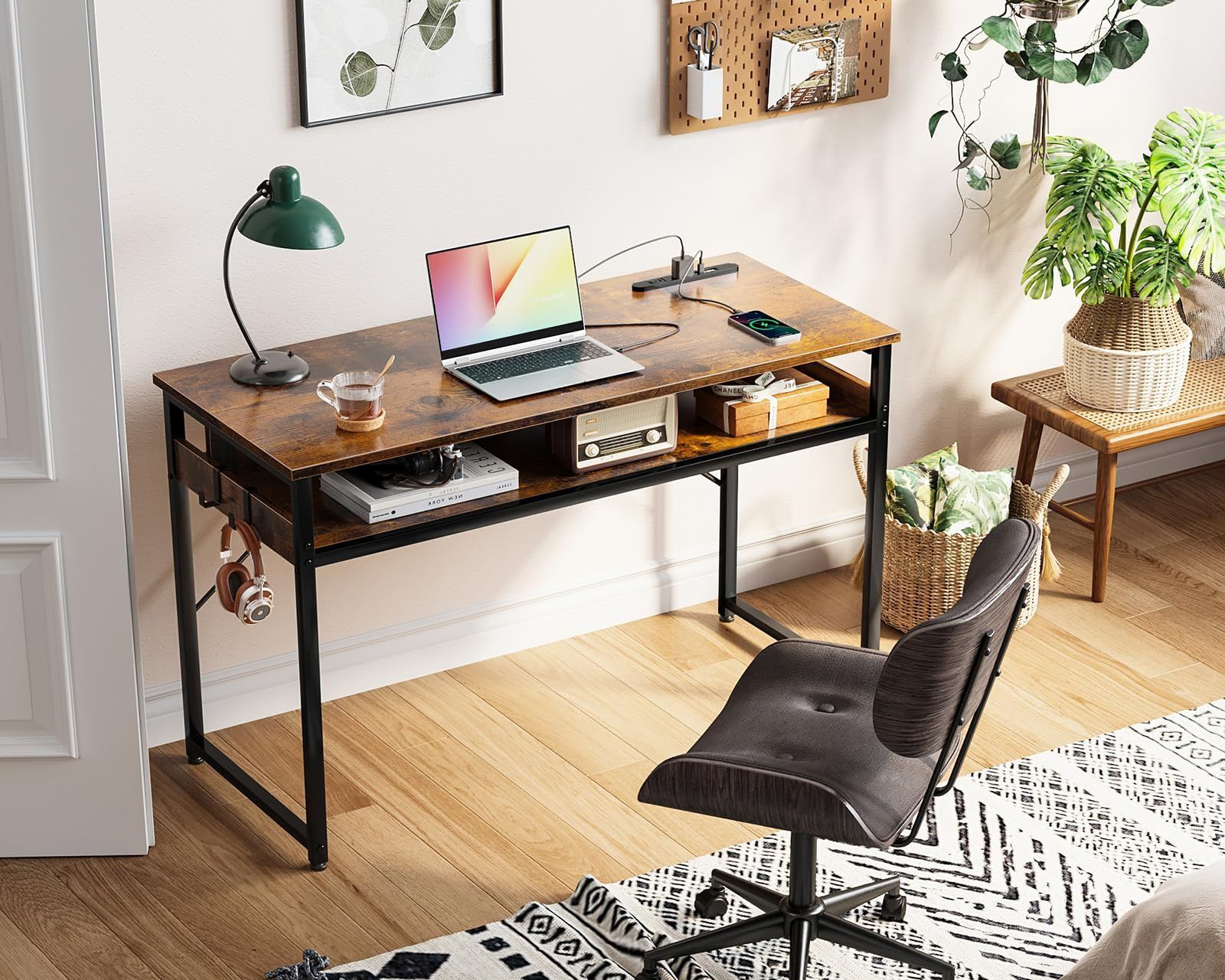 セール ODK 机 pcデスク パソコンデスク 幅100cm ゲーミングデスク 収納付き コンセント付き 勉強机 computer desk ?子 ワークデスク ??? フック2個付き コンパクト テレワーク用 省スペース 組立簡単 ビンテージ