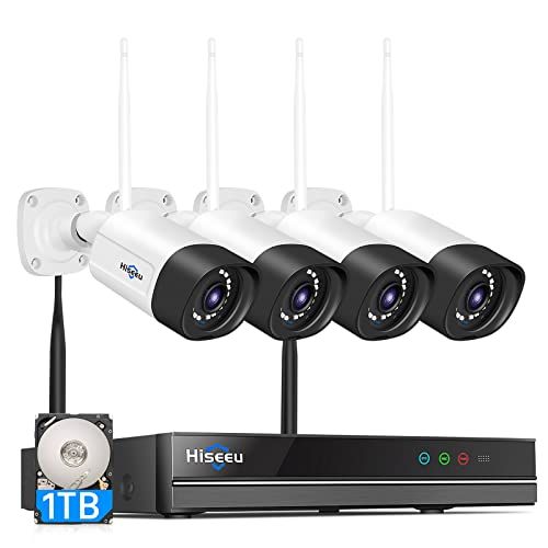 500万画素 双方向の音声 防犯対策助成金あり 防犯カメラ ワイヤレスHiseeu 一体型NVR 1920P ワイヤレスカメラ4台セット 1TBHDD内蔵 10チャンネルまで増設可 遠隔監視 双方向音声 防水等級ip66 AI動体検 6de80668