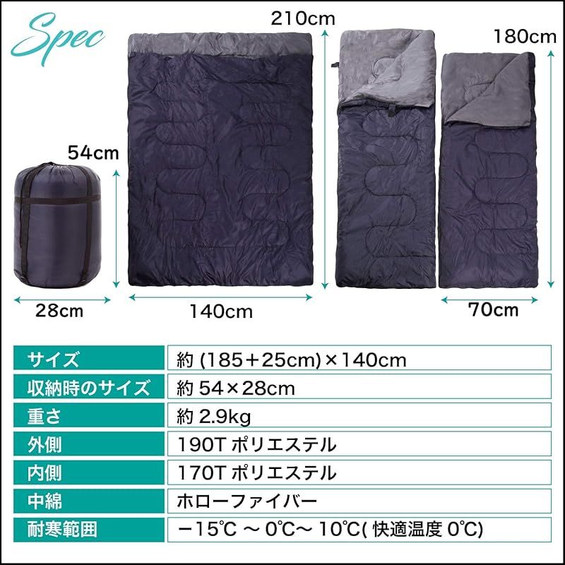  TCEVO テックエボ 二人用 寝袋 シュラフ 分割 封筒型 洗える オールシーズン 耐寒-15度 ネイビー スポーツ 雑誌