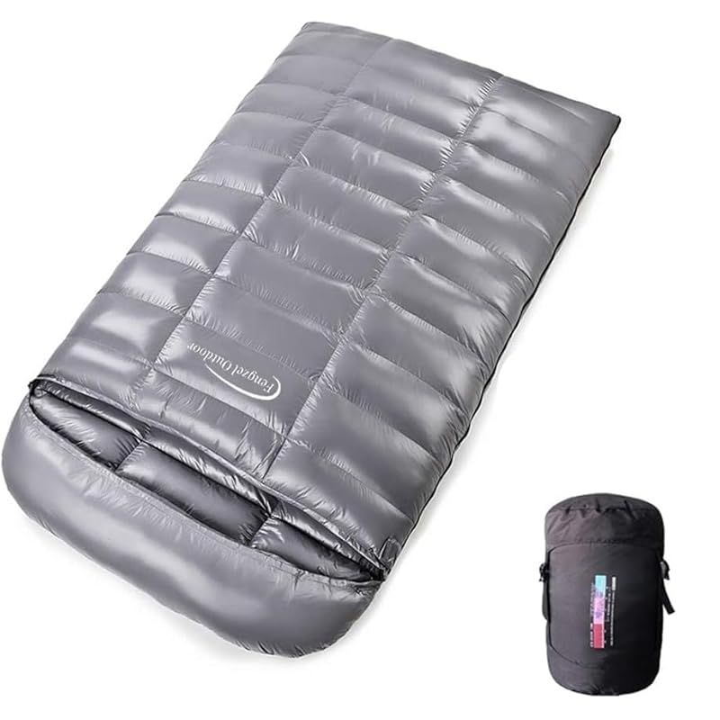 Fengzel Outdoor 最新立体キルト 二人用寝袋 封筒型 足が出せる 220 130 cm 93 ダウン 1000 4000 g羽毛量 3シーズン対応最低使用温度 40℃ アウトドア ダウンシュラフ グレー 秋冬用 gダウン詰め