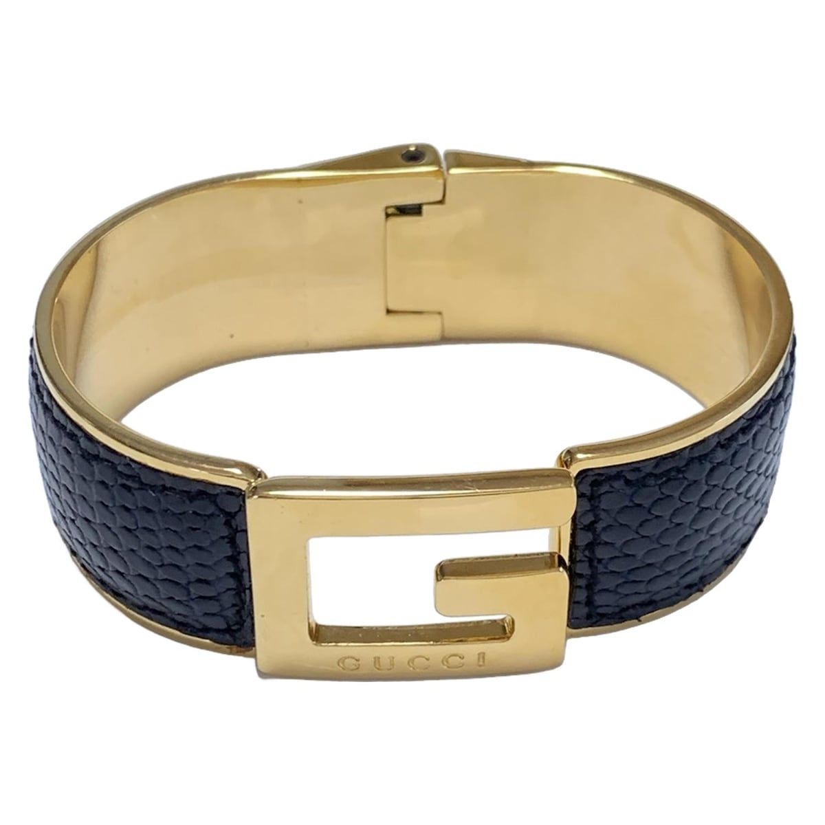 GUCCI グッチ バングル - レザー 黒×ゴールド 型押し加工