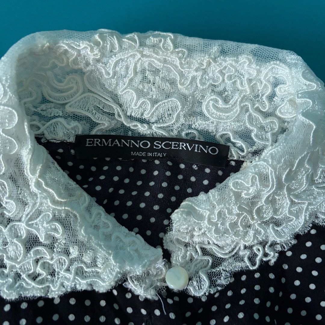 【最短翌日配送】 1507 シルク エルマンノシェルヴィーノ 水玉長袖レースシャツ 40 【安値通販】