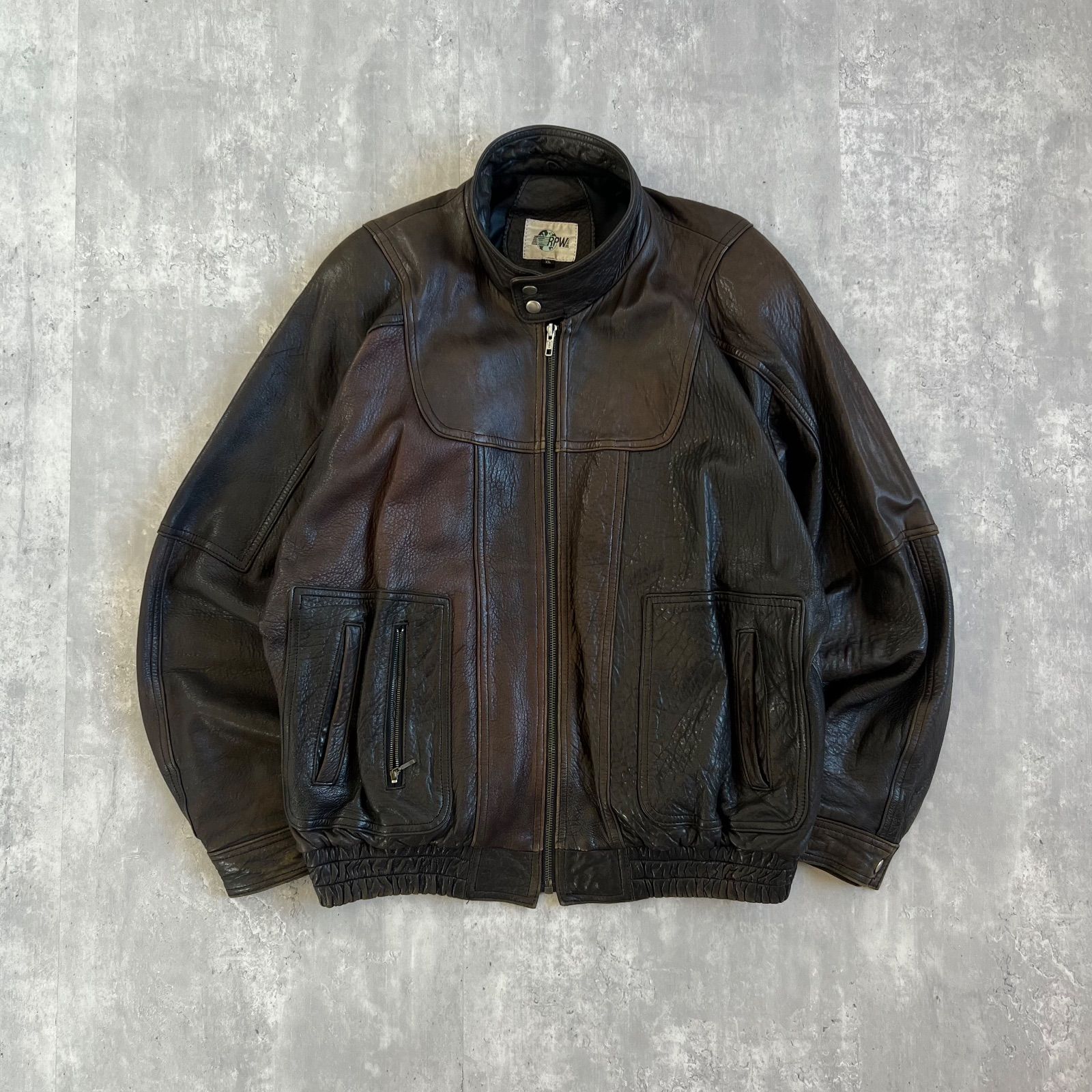 90 s RPW ヴィンテージ ラムレザー スタンドカラーブルゾン XLサイズ ブラック×ブラウン