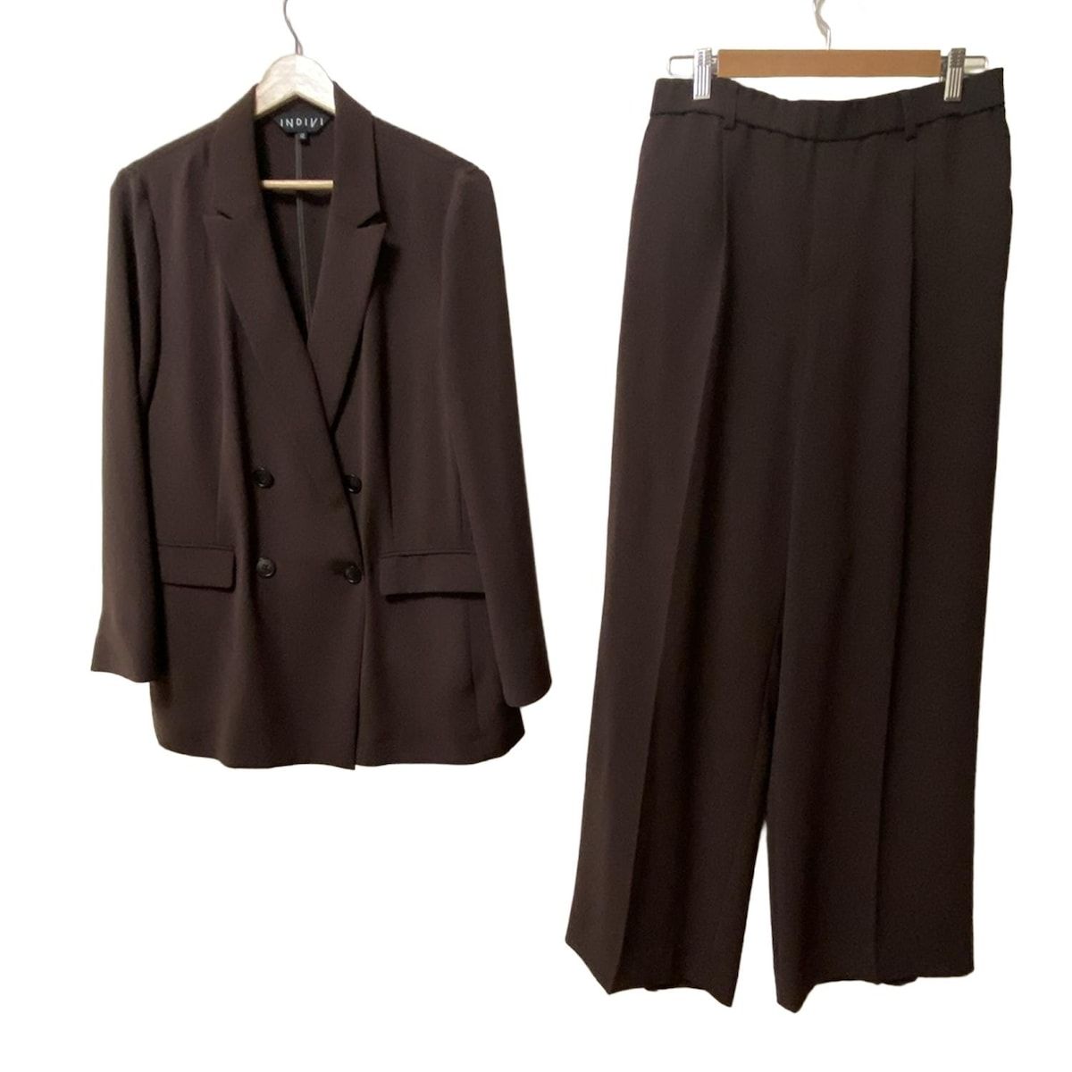 INDIVI インディビ レディースパンツスーツ レディース ダークブラウン ダブル|ウエストゴム