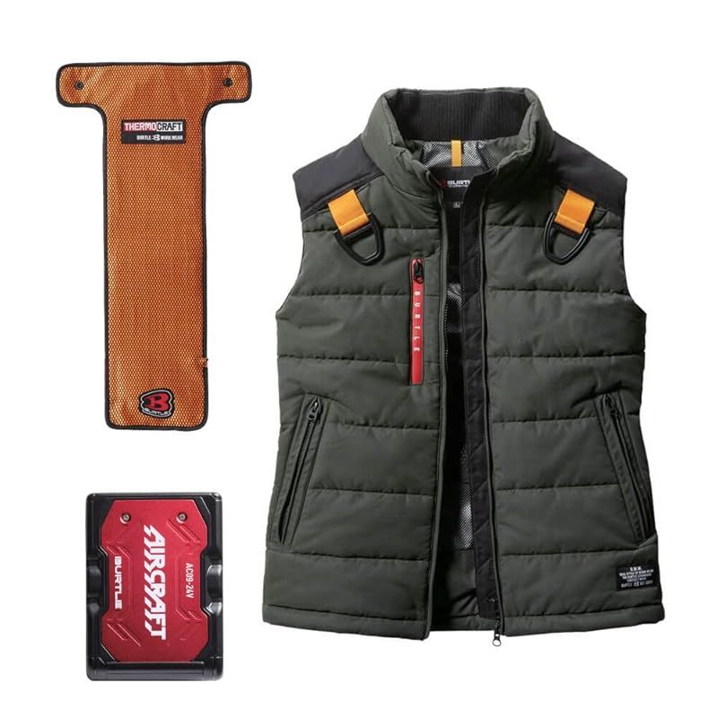 BURTLE バートル 電熱ベスト 防寒着 サーモクラフト 防寒ベスト 電熱パッド 赤 バッテリー セット 5044 THERMOCRAFT メンズ XXL 14ミルスグリーン