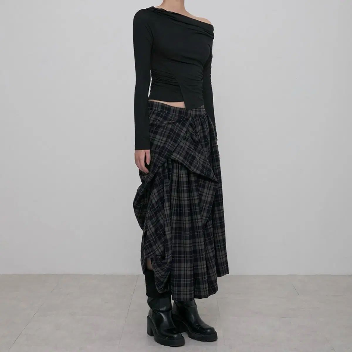 フ アップ CHECK ロング スカート レイヤード アシンメトリー GULLKHAN_COM