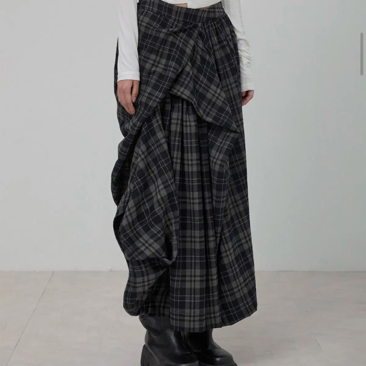 フ アップ CHECK ロング スカート レイヤード アシンメトリー