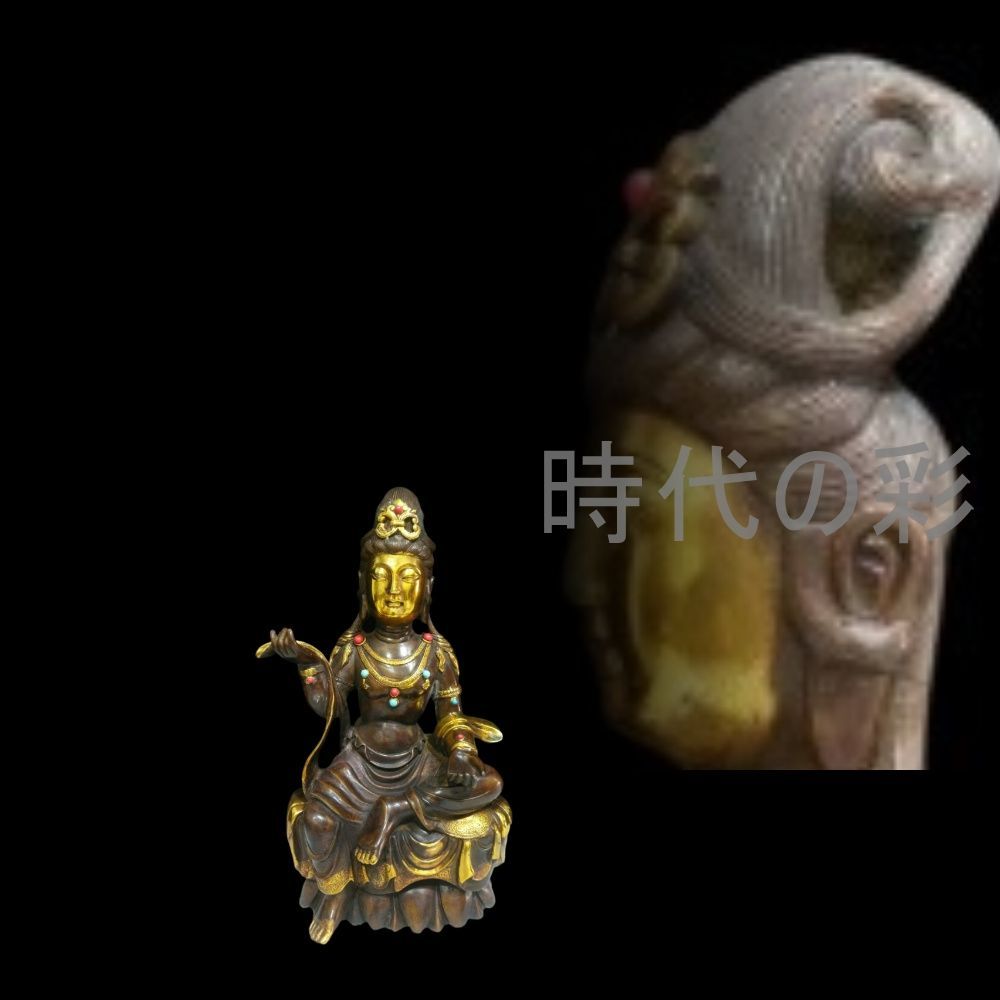 中国古美術 自在観音菩薩 銅鍍金宝石装飾 仏像 精巧造形 古美術 骨董 アンティーク 純銅製 高浮彫 手彫り 古美味 時代物 置物 R07110314