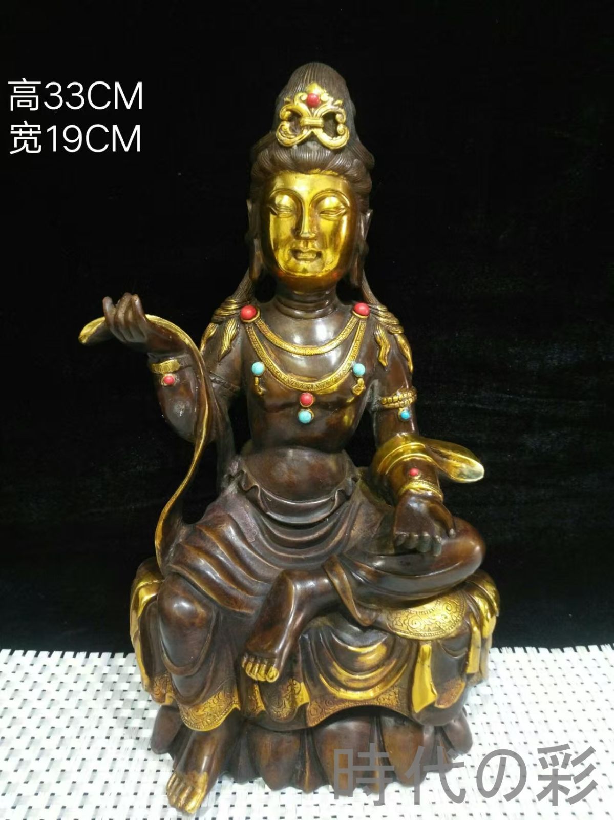 中国古美術 自在観音菩薩 銅鍍金宝石装飾 仏像 精巧造形 古美術 骨董 アンティーク 純銅製 高浮彫 手彫り 古美味 時代物 置物 R07110314