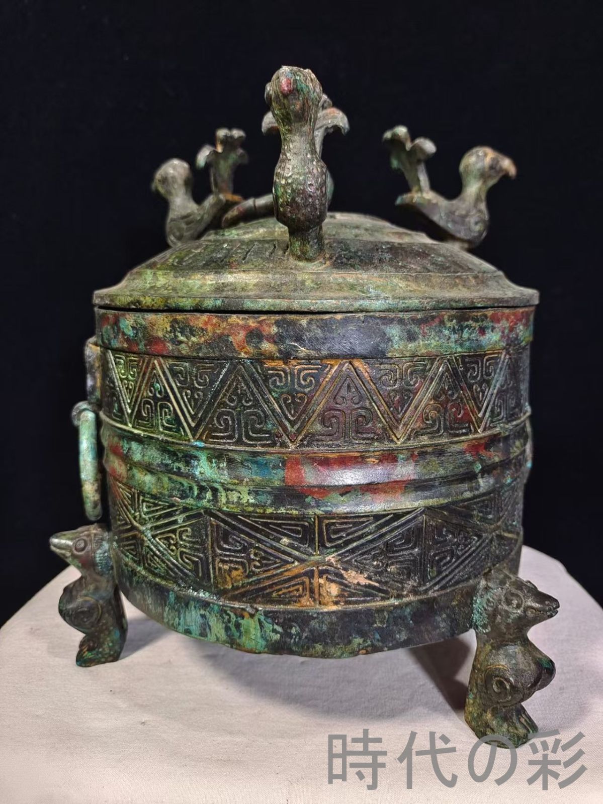 中国古美術【三鳳貯貝倉】漢代青銅銘文器皿 礼器 盛食器 古美術 骨董