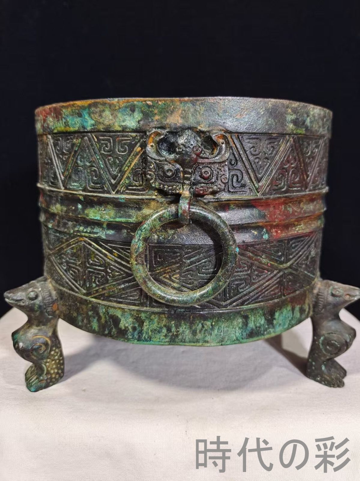 中国古美術【三鳳貯貝倉】漢代青銅銘文器皿 礼器 盛食器 古美術 骨董