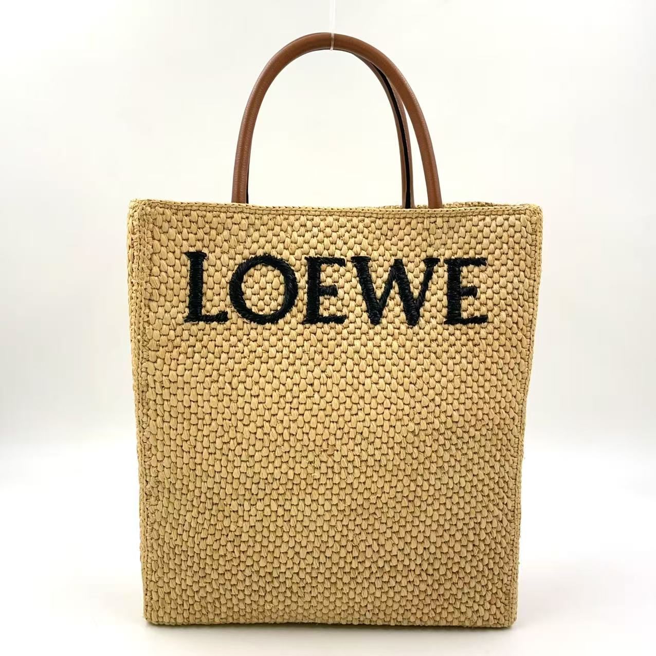LOEWE スタンダードA4 ショルダーストラップ付属なし レザー×ラフィア ブラウン×ベージュ トートバッグ ゴールド