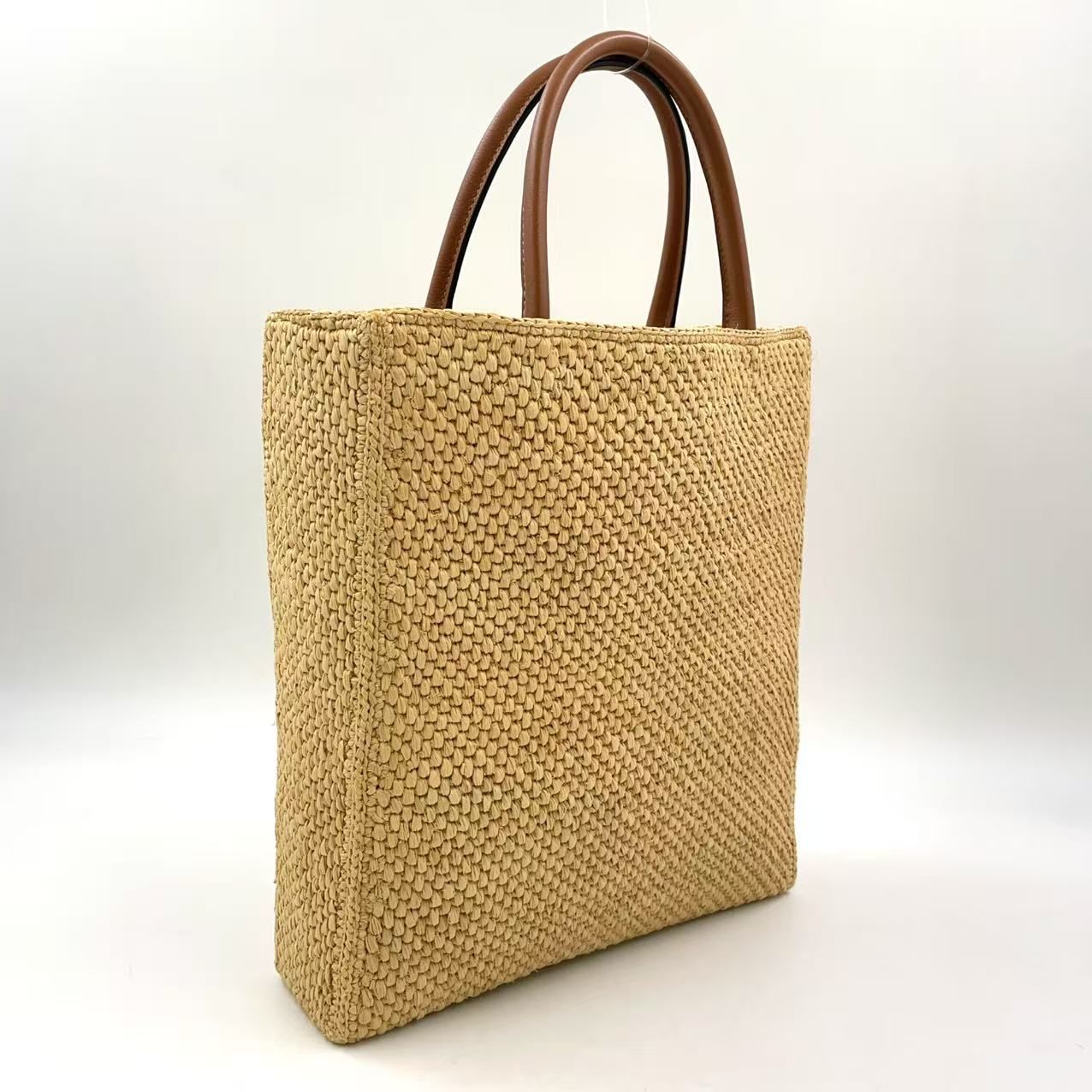 LOEWE スタンダードA4 ショルダーストラップ付属なし レザー×ラフィア ブラウン×ベージュ トートバッグ ゴールド