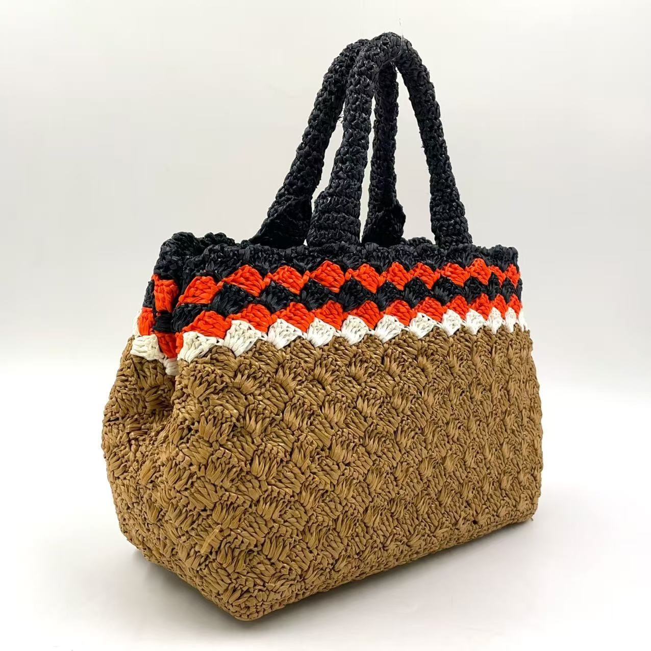 PRADA ロゴモチーフ カナパ ショルダーストラップ付属なし ストロー ブラウン ハンドバッグ シルバー