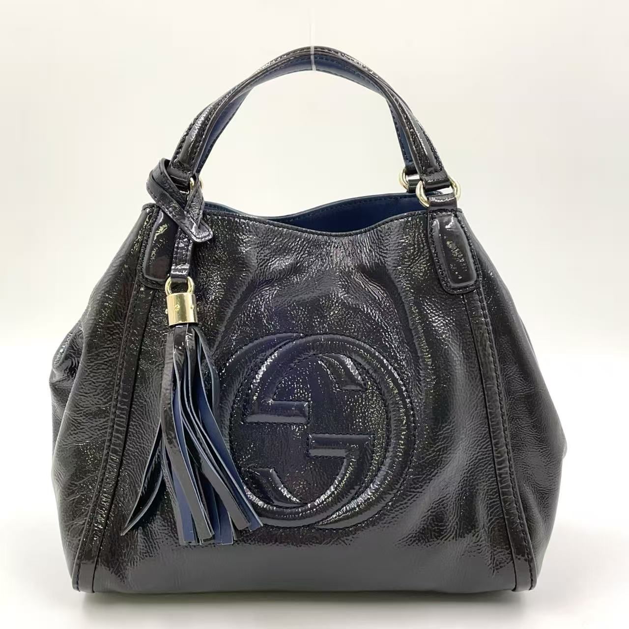 GUCCI ソーホー インターロッキングG ショルダーストラップ付属なし エナメルレザー パープル ハンドバッグ ゴールド 336751