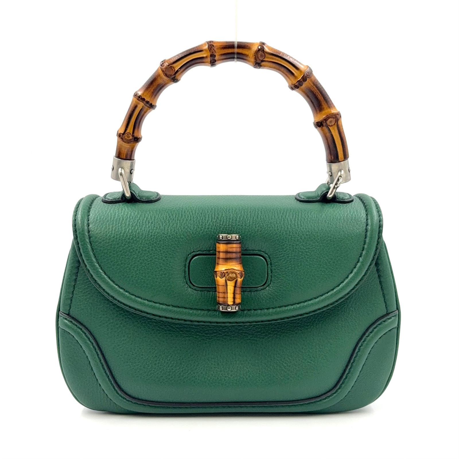 GUCCI DIY ニューバンブー 名前入り ショルダーストラップ付属なし レザー グリーン ハンドバッグ シルバー 269763