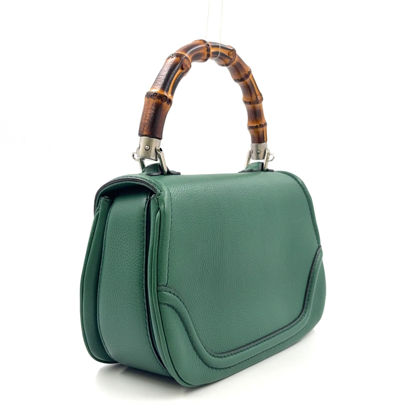 GUCCI DIY ニューバンブー 名前入り ショルダーストラップ付属なし レザー グリーン ハンドバッグ シルバー 269763