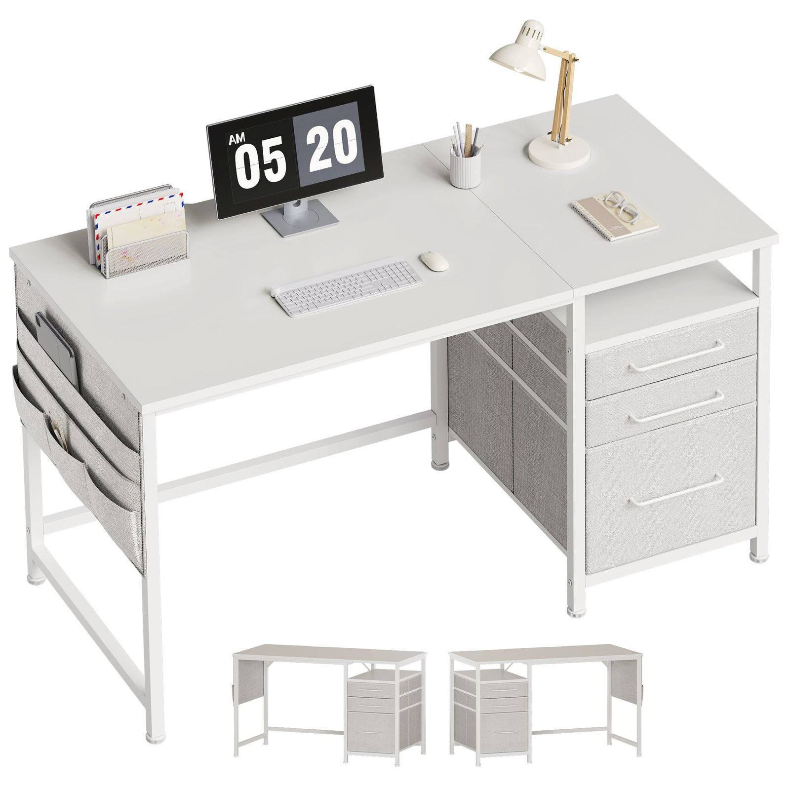 Maihail 机 pcデスク パソコンデスク 在宅ワークデスク つくえ ラック付きデスク 幅120cm x奥行50cm 引き出し付き オフィスデスク 勉強机 学習机 左右入替可 テレワークデスク 白い
