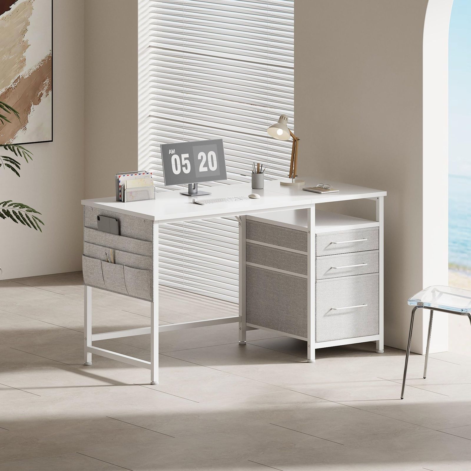 Maihail 机 pcデスク パソコンデスク 在宅ワークデスク つくえ ラック付きデスク 幅120cm x奥行50cm 引き出し付き オフィスデスク 勉強机 学習机 左右入替可 テレワークデスク 白い