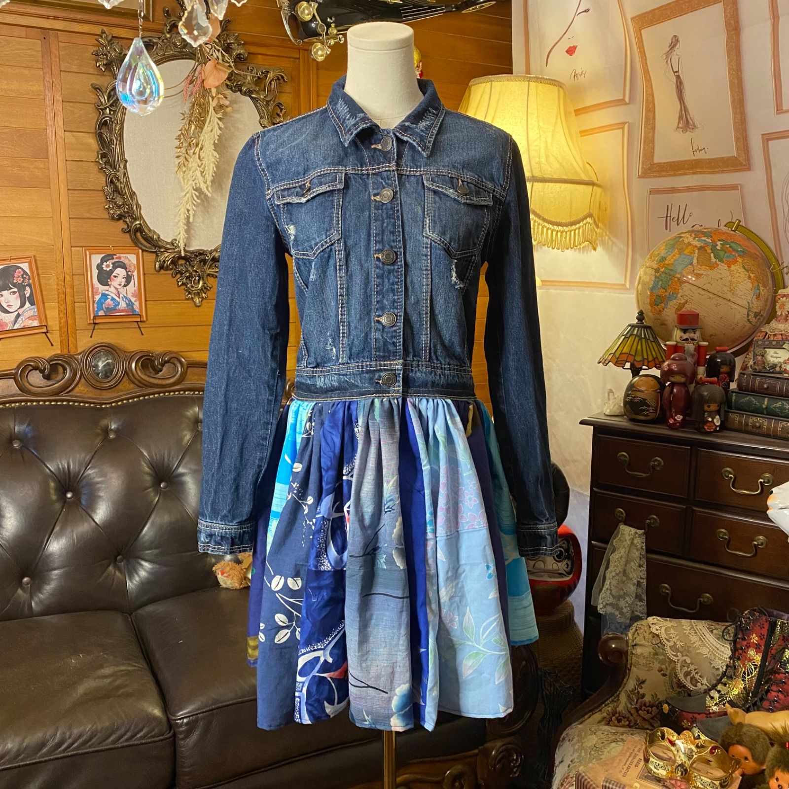 和洋折衷リメイク 浴衣 デニム ジャケット パッチワーク コラージュ ドッキング 切り替え レトロ 古着 ハンドメイド 蒼をまとう風 0-92