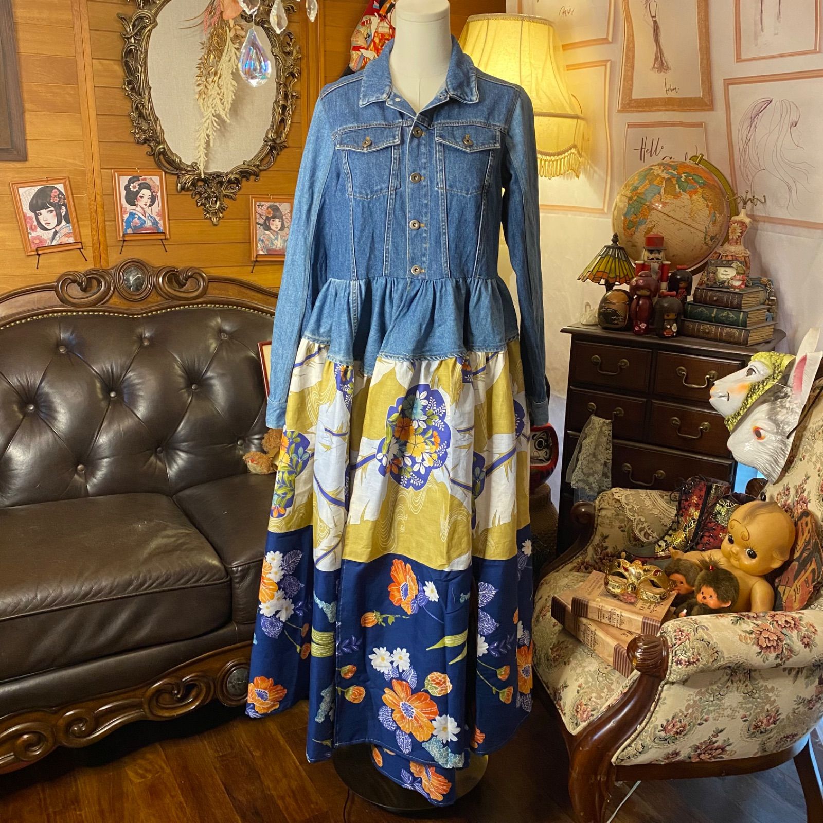 和洋折衷リメイク 浴衣 デニム ジャケット パッチワーク コラージュ ドッキング 切り替え レトロ 古着 ハンドメイド 和の記憶を纏う 0-93