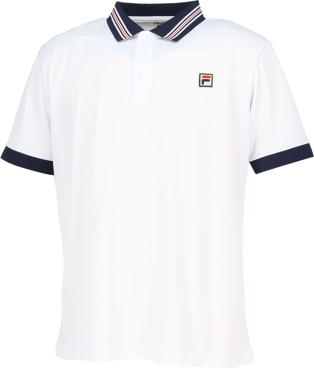 フィラ FILA テニス ポロシャツ メンズ 男性 大人 半袖 Tシャツ トップス ウェア ロゴ ワンポイント ヘリテージストライプ 部活動 クラブ サークル スクール 練習 試合 大会 EM0263 01Z ホワイト