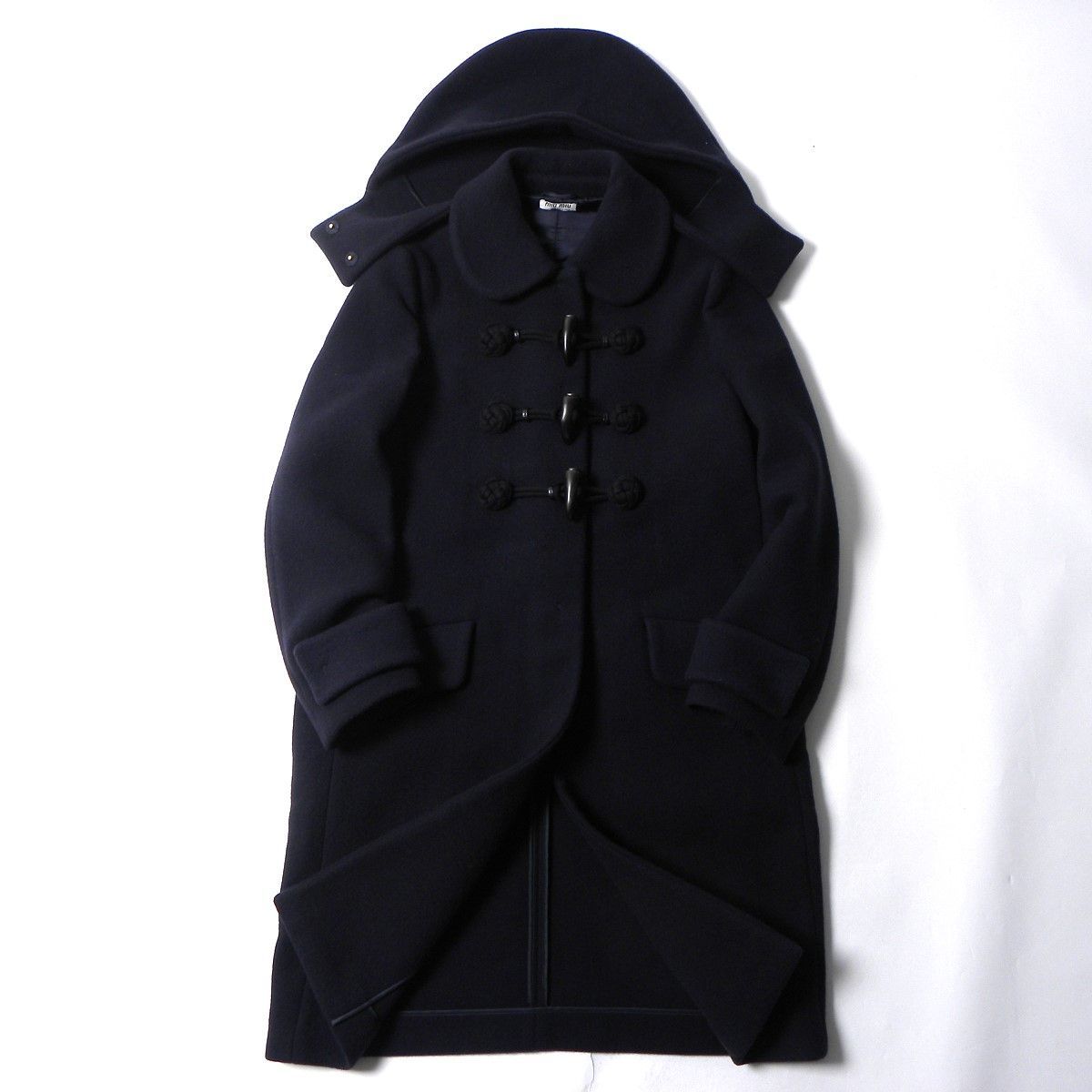 フード付ダッフルコート MIUMIU ミュウミュウ バージンウール100％ 牛革トグル釦 イタリア製 36 ネイビー