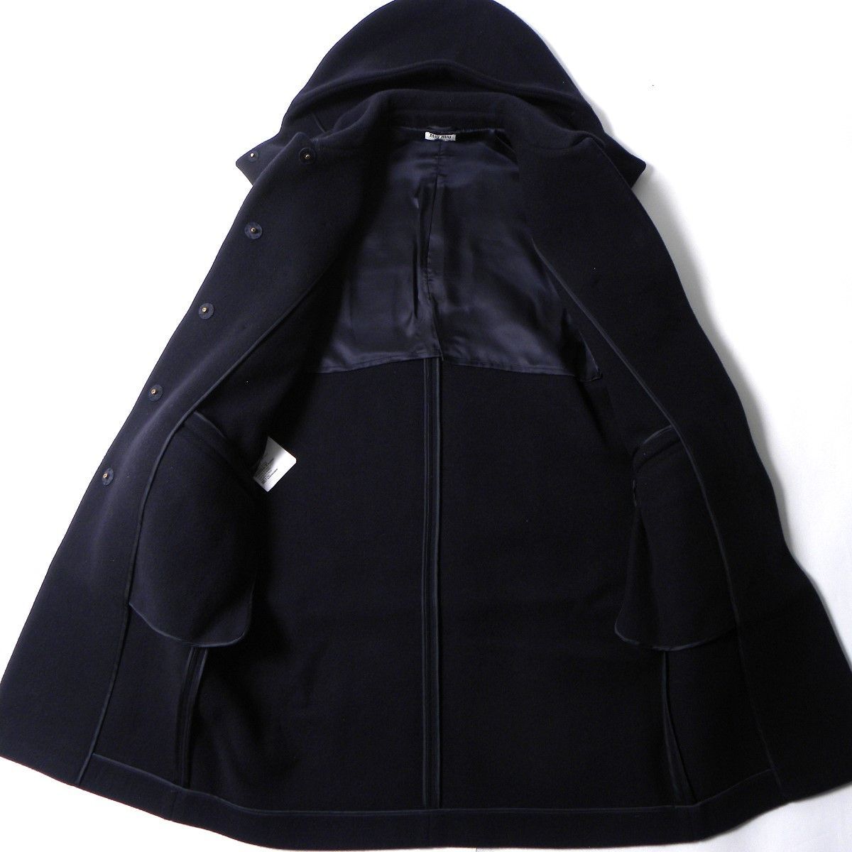 フード付ダッフルコート MIUMIU ミュウミュウ バージンウール100％ 牛革トグル釦 イタリア製 正規品 36 ネイビー GULLKHAN_COM