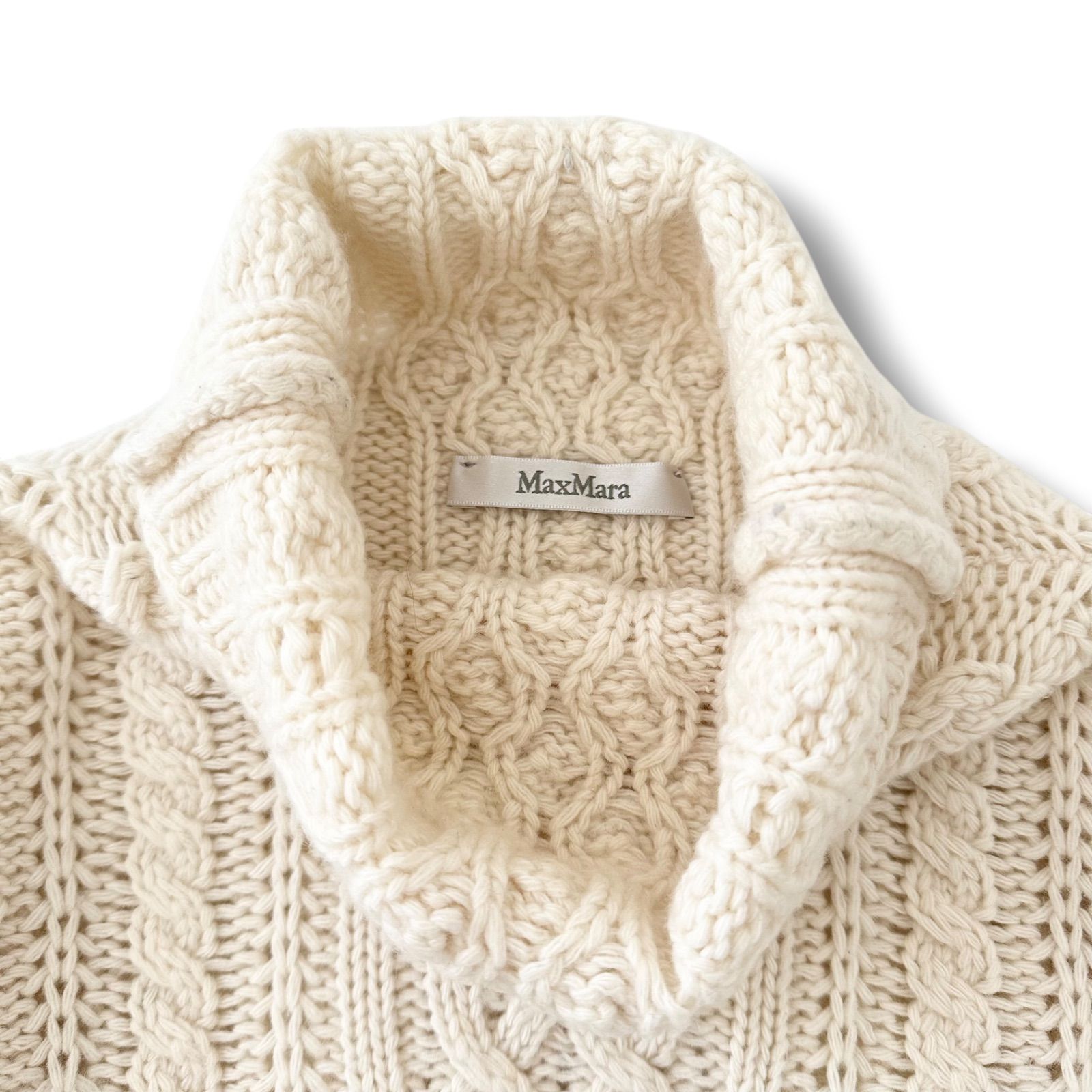 マックスマーラ 白タグ ウール カシミヤ混 ケーブル タートルネック ニット アイボリー Mサイズ 5分袖