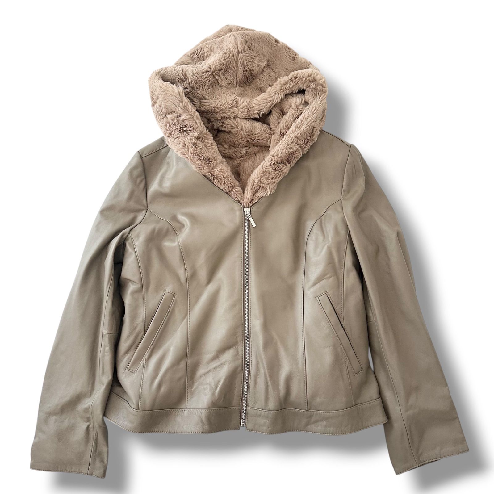 LET ME GLOW レットミーグロウ ラムレザー ファーベスト 3way ノーカラージャケット グレージュ LLサイズ