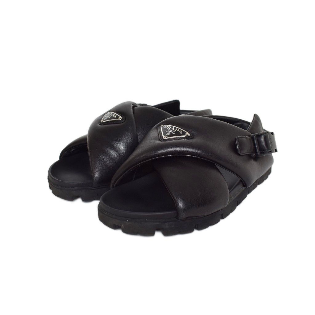 プラダ PRADA モノリス トライアングルロゴ パテッドナッパレザー クリスクロス シューズ サンダル 7 黒 ブラック 2X3089