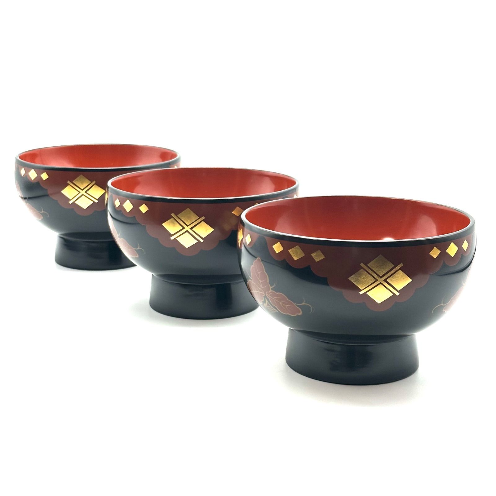 南部塗 秀衡塗 外黒内朱 有職菱紋 大椀 3客 南部漆器