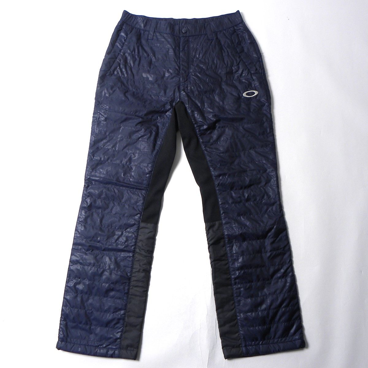 中綿キルトパンツ OAKLEY オークリー ポリエステルサテン 総柄 リブ切替 秋冬用 防寒 暖パン ゴルフウェア M ネイビー 手洗い可 程度良好