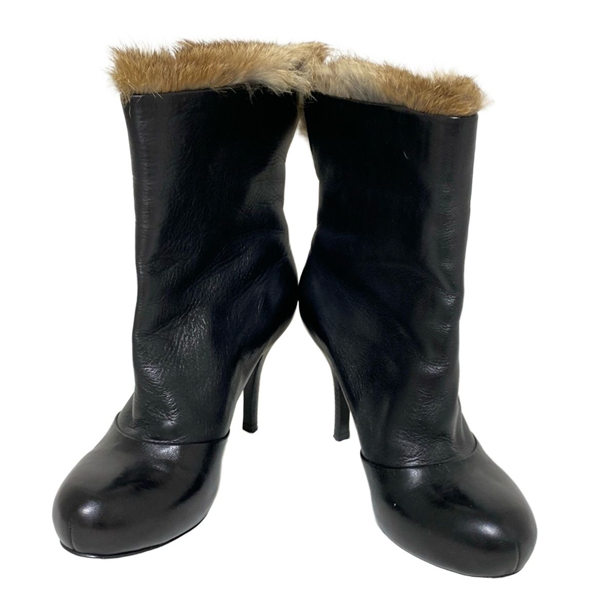 ASH アッシュ ショートブーツ 37 レディース - 黒×グレーベージュ×ライトブラウン レザー ファー