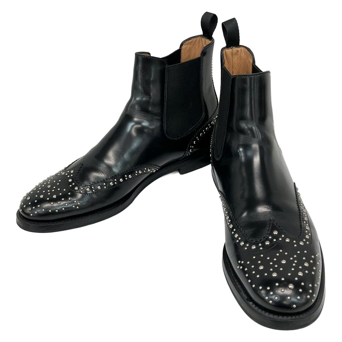 Church s チャーチ ショートブーツ 38 1|2 レディース - 黒 スタッズ|サイドゴア|ウィングチップ レザー